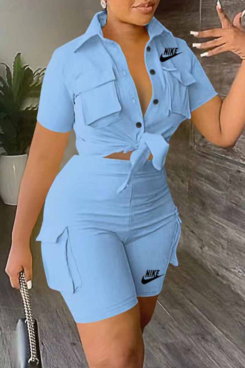 

Sky Blue Casual Print Letter Turndown Collar Short Sleeve Two Pieces