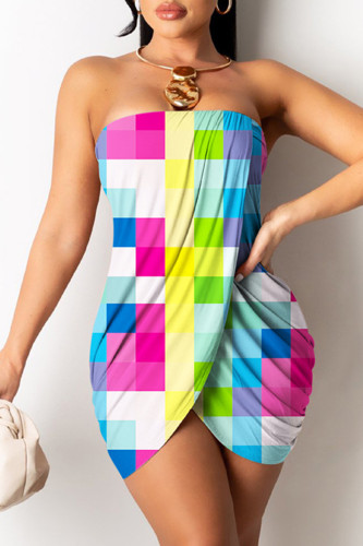 Kleur sexy print patchwork backless strapless mouwloze jurkjurken