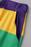 Deux pièces décontractées à rayures imprimées patchwork col rond manches courtes violet