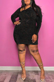 ブラック セクシー ソリッド パッチワーク シースルー ジッパー カラー ペンシル スカート プラス サイズのドレス