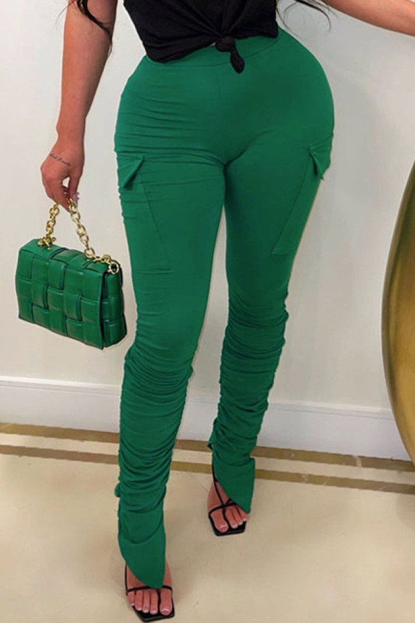 Pantalones casuales de color sólido con bolsillo de retazos sólidos de cintura alta verde