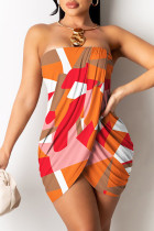 Oranje sexy print patchwork backless strapless mouwloze jurkjurken