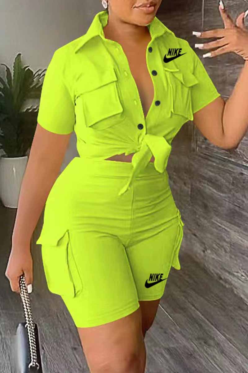 

Fluorescent Green Casual Print Letter Turndown Collar Short Sleeve Two Pieces