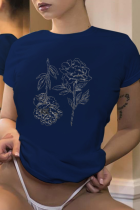 T-shirt con scollo o patchwork con stampa street blu navy