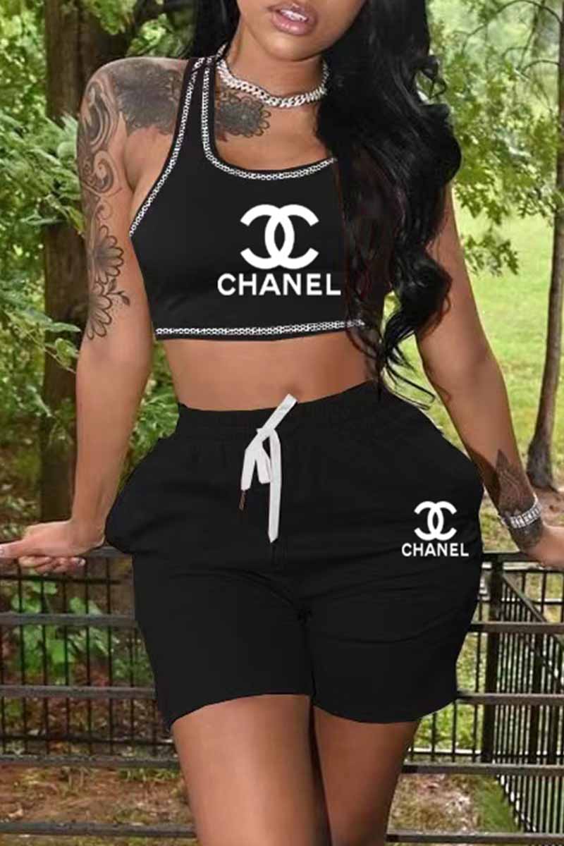 

Black Casual Print Letter U Neck Sleeveless Two Pieces