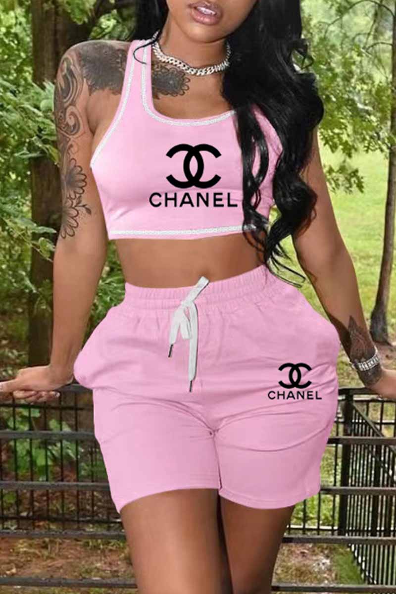 

Pink Casual Print Letter U Neck Sleeveless Two Pieces