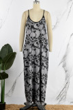 ローズレッドファッションセクシーなスカルヘッドプリント背中の開いたスパゲッティストラップロングドレス
