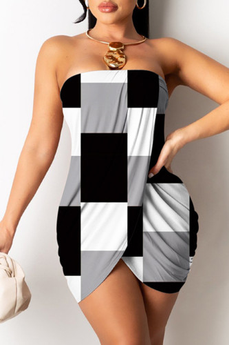 Zwart grijs sexy print patchwork backless strapless mouwloze jurk jurken