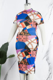 Цветное повседневное платье с принтом Базовое платье-водолазка с коротким рукавом Платья больших размеров