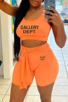 Оранжевая спортивная одежда с буквенным принтом U-образным вырезом без рукавов из двух частей