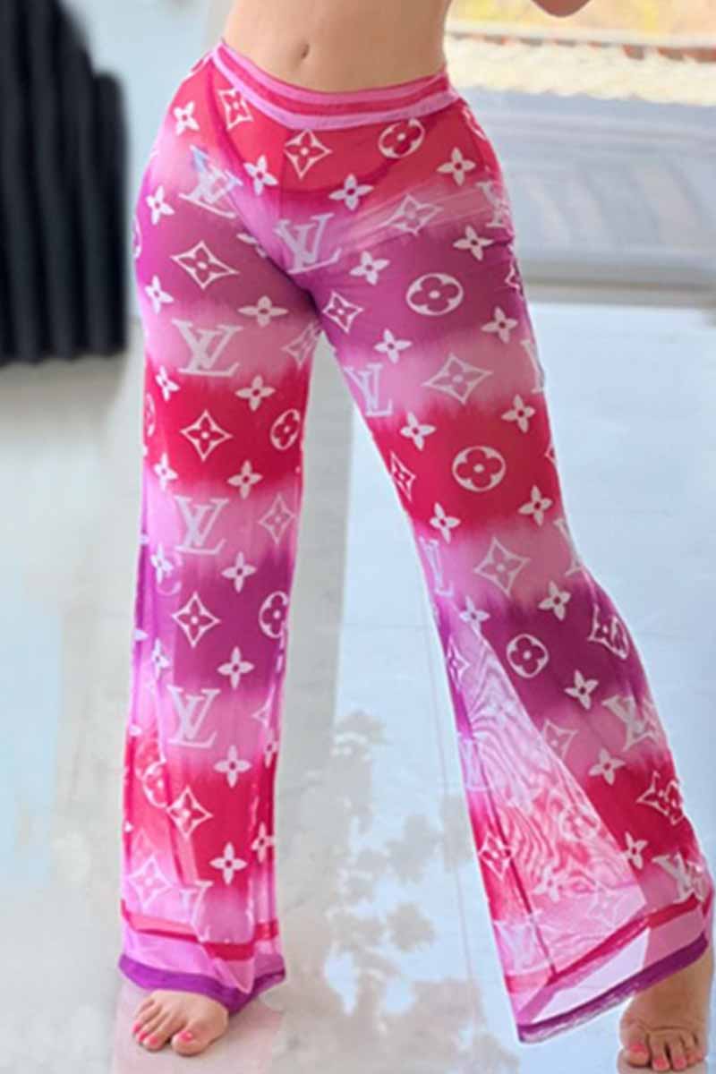 

Red Street Letter Patchwork Loose Mid Waist Wide Leg Bottoms