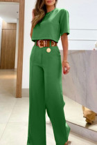 Green Casual Solid Basic O Neck Short Sleeve Two Pieces (Without Belt)