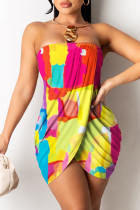 Veelkleurige sexy print patchwork backless strapless mouwloze jurkjurken