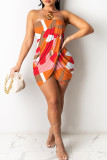 Abrikoos sexy print patchwork backless strapless mouwloze jurkjurken