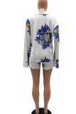 White Casual Print Patchwork Buckle Turndown Collar Long Sleeve Two Pieces