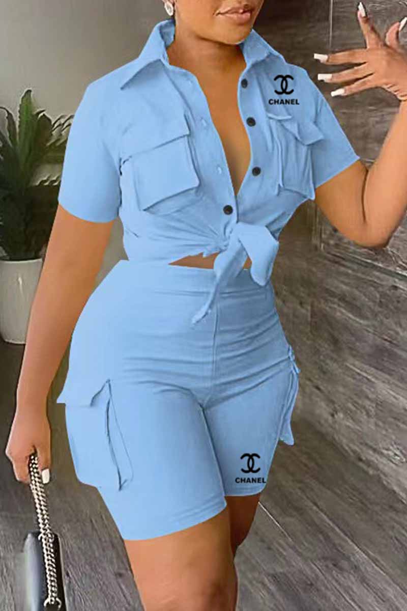 

Sky Blue Casual Print Letter Turndown Collar Short Sleeve Two Pieces