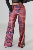 Pantaloni dritti a vita alta patchwork strappati con stampa casual rossa