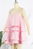 Pink Sweet Solid Patchwork Spaghetti Strap Cake Skirt Dresses