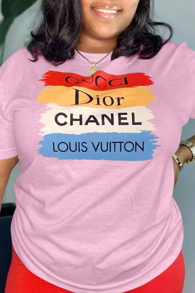 

Pink Casual Print Letter O Neck T-Shirts