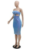 Blue Sexy Patchwork Hollowed Out Backless Strapless Sleeveless Dress Dresses