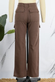 Bruine casual effen patchwork rechte jeans met hoge taille en rechte pijpen