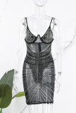 Abricot Sexy Patchwork Hot Drilling See-through Backless Spaghetti Strap Robe sans manches Robes