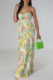 Green Yellow Sexy Print Patchwork Strapless Straight Jumpsuits