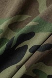 Army Green Casual Camouflage Print Kerstboom Gedrukt Patchwork Split Turndown Kraag Korte mouw Twee stukken