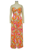 Tangerine Red Sexy Tropical Print Patchwork Strapless Straight Pleated Tube Wide Leg Jumpsuits