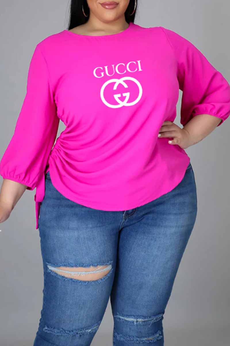 

Rose Red Casual Print Draw String Letter O Neck Plus Size Tops