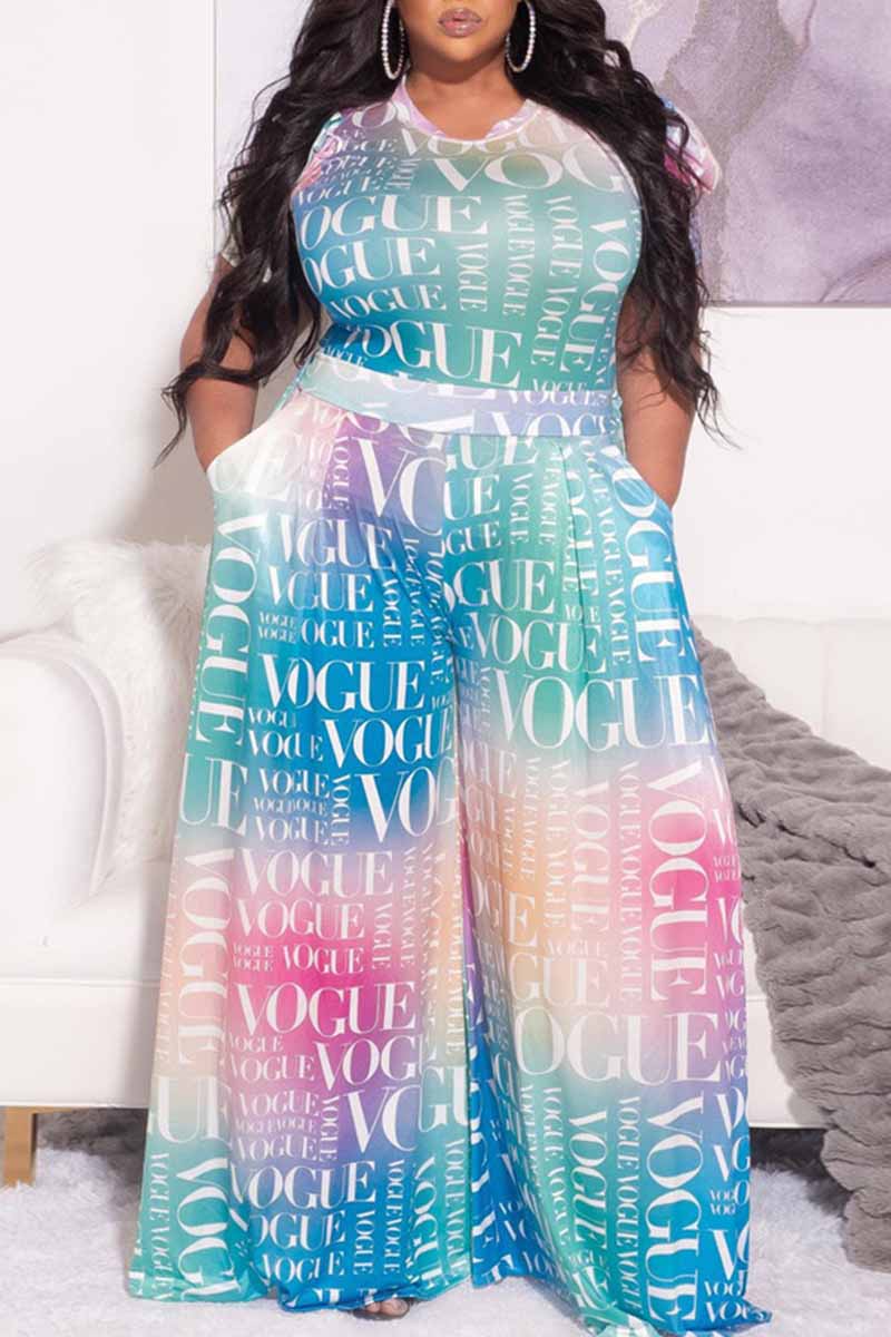 

Multi-color Street Print Letter O Neck Plus Size Jumpsuits