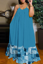 Hemelsblauw casual straatprint patchwork sling-jurk met spaghettibandjes