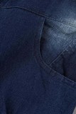 ブルー カジュアル ソリッド リップド パッチワーク ターンダウン カラー ノースリーブ レギュラー デニム ジャンプスーツ