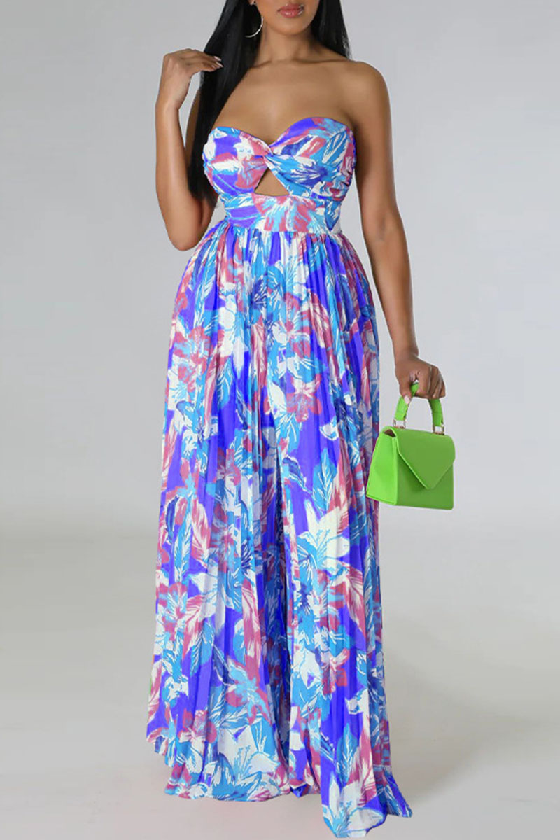 

Blue Sexy Print Patchwork Strapless Straight Jumpsuits