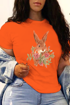 Orangefarbene Street-Patchwork-T-Shirts mit süßem Aufdruck und O-Ausschnitt