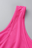 Rose rood sexy solide uitgehold patchwork gleuf asymmetrische schuine kraag lange jurk jurken