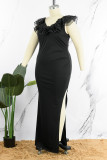 Vestido largo con escote en V y abertura en patchwork sólido sexy negro Vestidos de talla grande