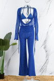 Синий сексуальный однотонный прозрачный комплект из трех предметов с длинным рукавом и открытой спиной