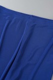 Blaues, sexy, solides, durchsichtiges, rückenfreies Neckholder-Langarm-Dreiteiler-Set