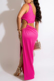 Розово-красные сексуальные однотонные выдолбленные лоскутные разрезы асимметричные косые воротники длинное платье платья