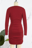 Rode sexy effen patchwork v-hals jurken met lange mouwen