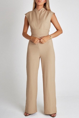 Khaki Casual Solid Patchwork V Neck Regular Jumpsuits