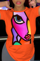 Orangefarbene, lässige Patchwork-T-Shirts mit O-Ausschnitt im Basisdruck