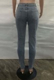 Blue Casual Solid Bandage Hollowed Out High Waist Skinny Denim Jeans
