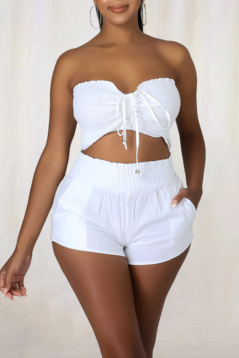 

White Sexy Solid Bandage Patchwork Strapless Sleeveless Two Pieces