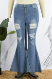 Голубые повседневные однотонные рваные джинсы больших размеров