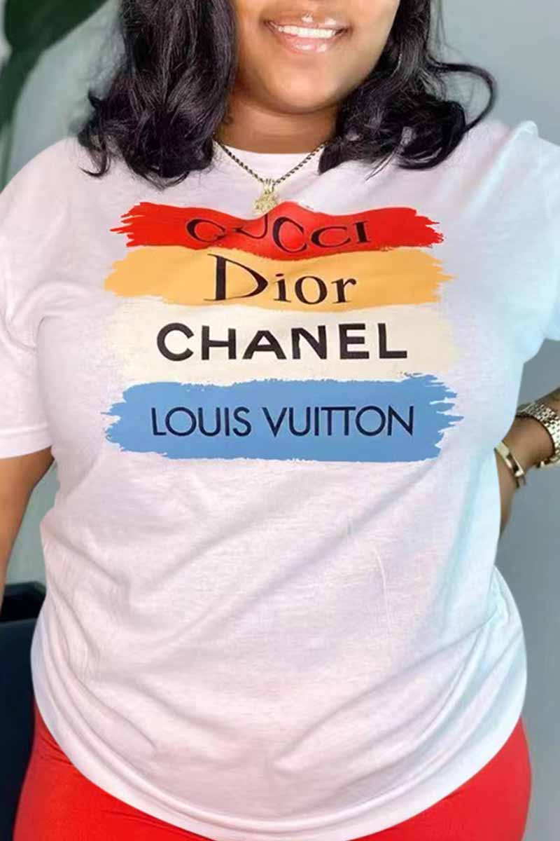 

White Casual Print Letter O Neck T-Shirts