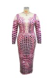 Roze casual print patchwork Hot Drill O-hals jurken met lange mouwen