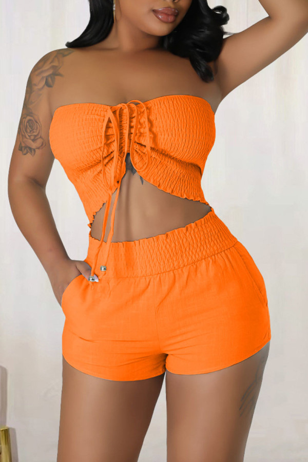 Orange Sexy Solid Bandage Patchwork Strapless Sleeveless Two Pieces Tube Crop Tops And Shorts Set