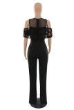 Black Sexy Casual Solid Hollowed Out Patchwork O Neck Regular Jumpsuits